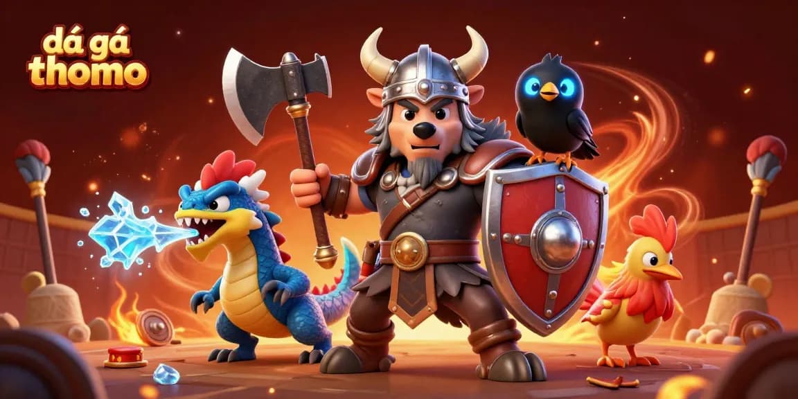 Experience exhilarating đá gà thomo action with fierce warriors and arena elements in a vibrant 3D scene.