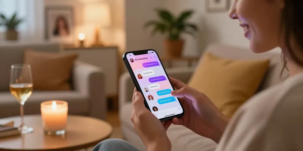 Engaging with sexting AI on smartphone in cozy home setting.