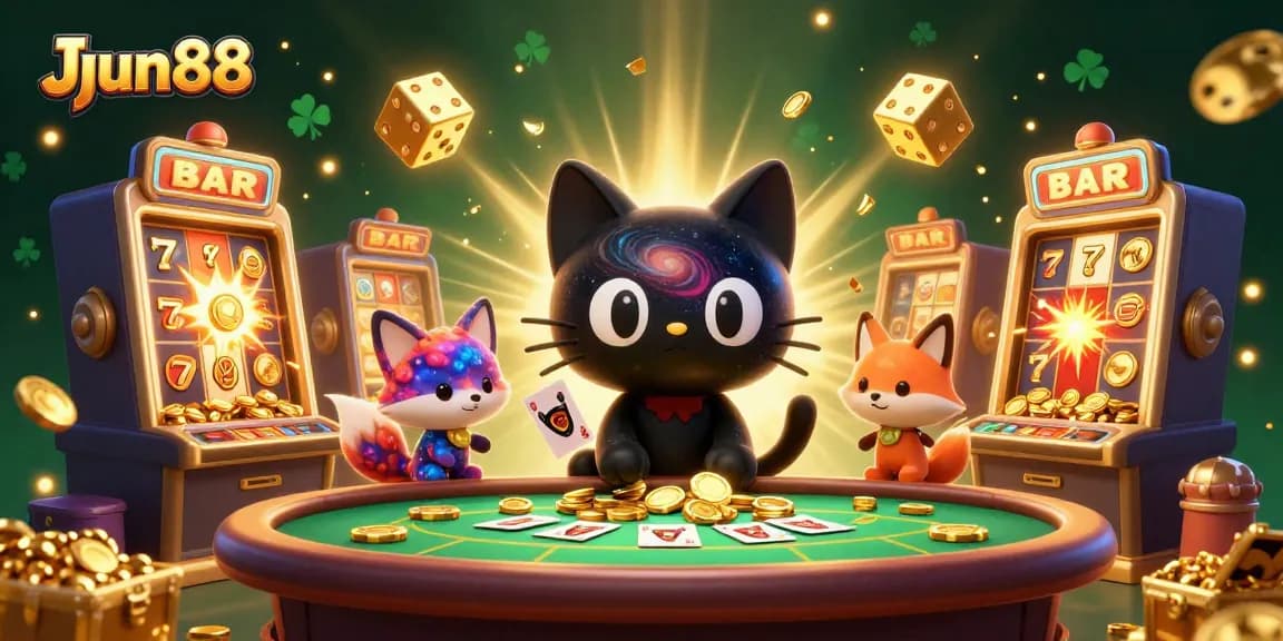 Experience thrilling gameplay at JJun88 with a vibrant cosmic casino scene filled with winning symbols and energetic elements.