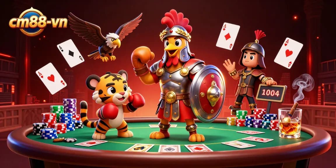 Engage in elite gaming action at cm88-vn as a gladiator rooster and tiger cub clash in an epic poker showdown.