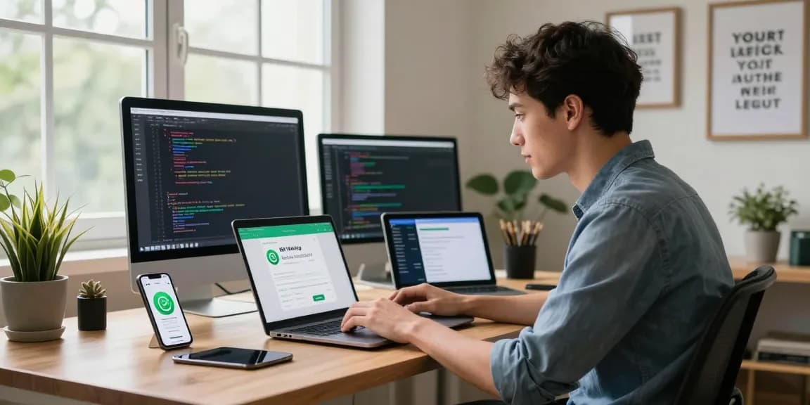 Young professional downloading GB WhatsApp on a laptop in a stylish home office, surrounded by tech gadgets.