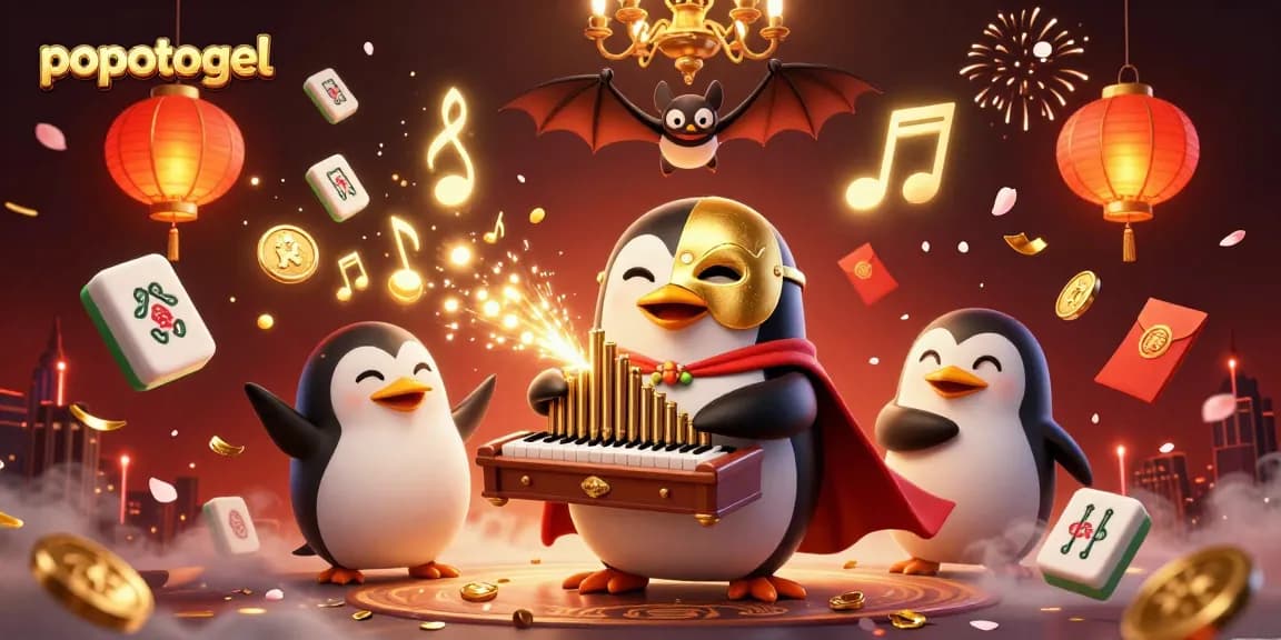 Engage with popotogel's thrilling 3D illustration, featuring penguins, golden coins, and festive decorations.