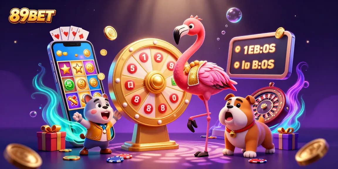 89BET spins a prize wheel with dynamic characters in a vibrant casino scene.