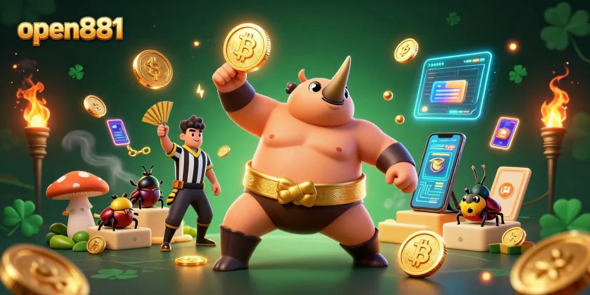 Experience thrilling moments at open881 with a charismatic sumo champion beetle amidst a cascade of golden coins.