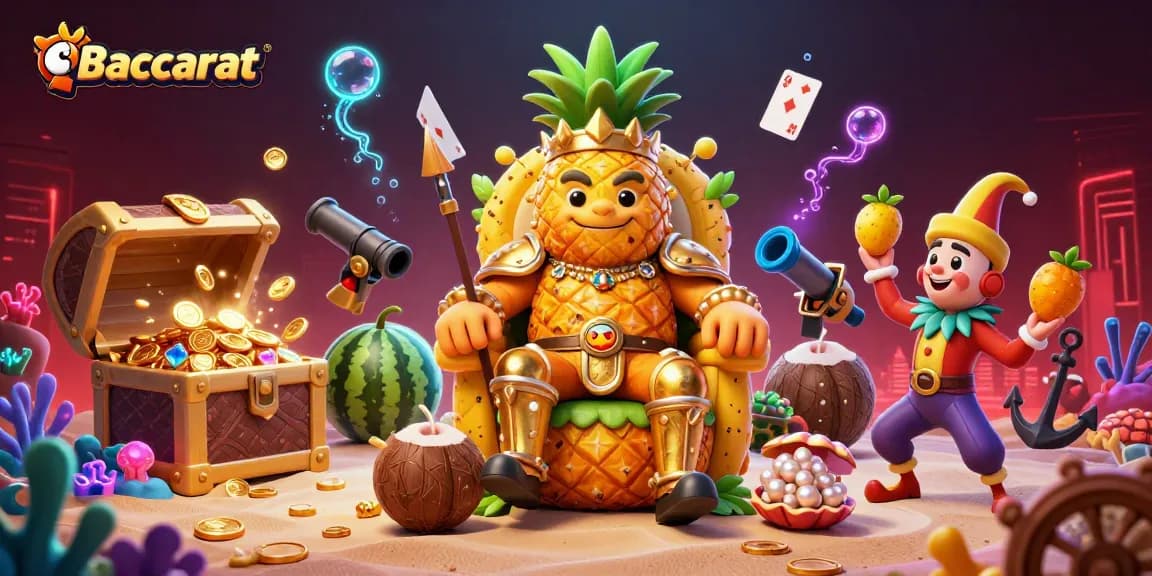 Experience Baccarat fun with a vibrant illustration of a golden pineapple king in a beach casino.