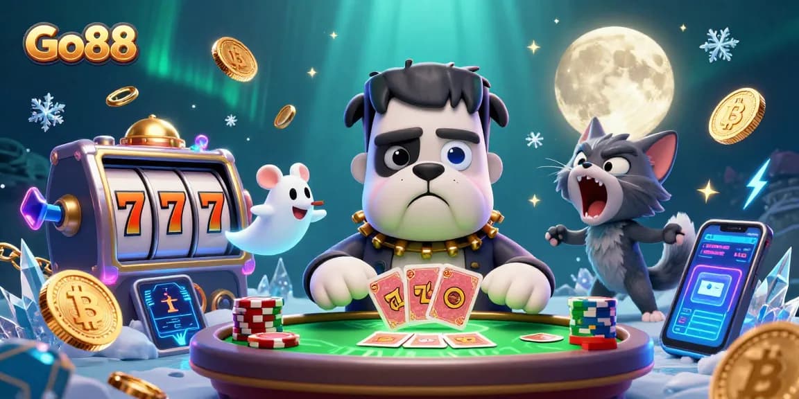 Go88 players enjoy thrilling slot action with a monster dealer and ghostly companions at a casino table.