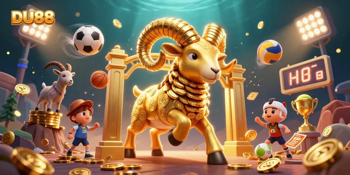 Experience excitement at DU88 with golden ram charging at a casino, surrounded by dynamic sports elements.