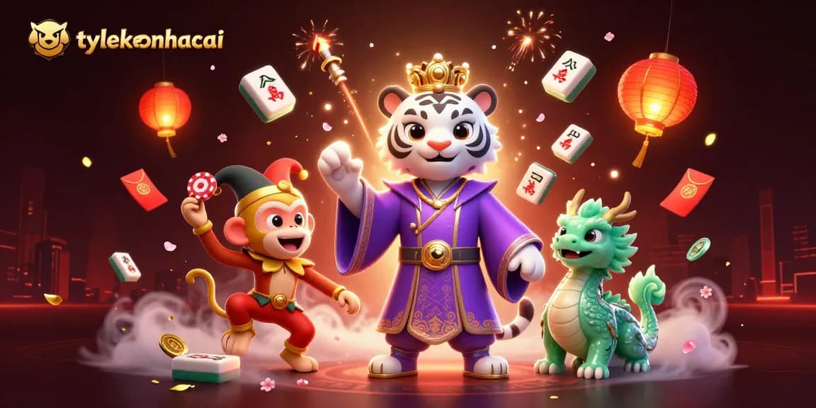 Experience sports betting excitement with tylekeonhacai featuring a white tiger and jester monkey in a vibrant scene.