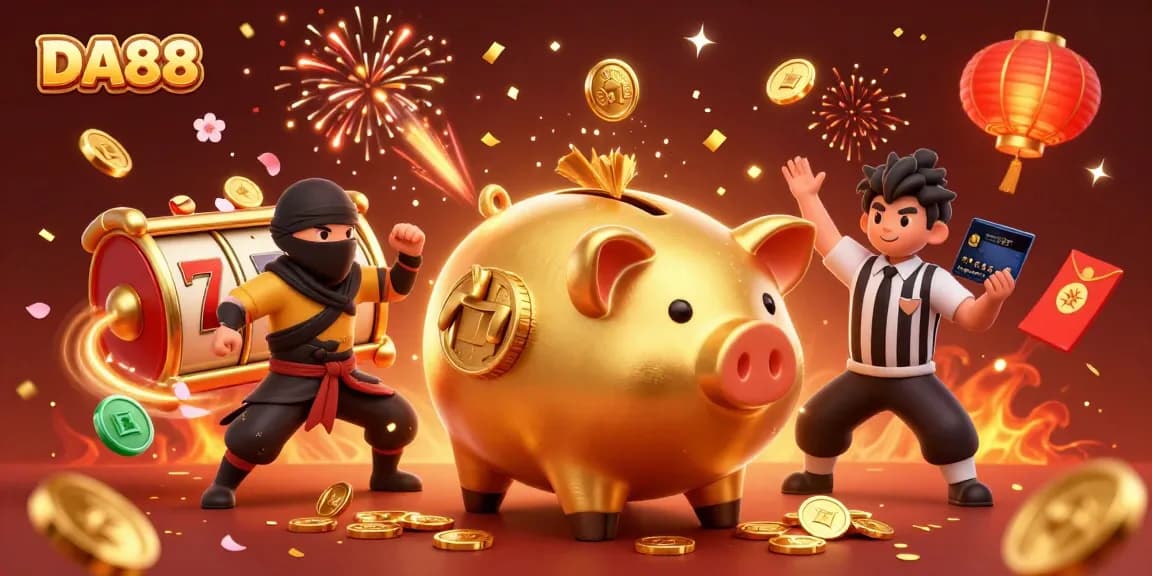 Engage in thrilling gameplay with DA88 as the golden piggy bank wrestler dominates a captivating casino scene.