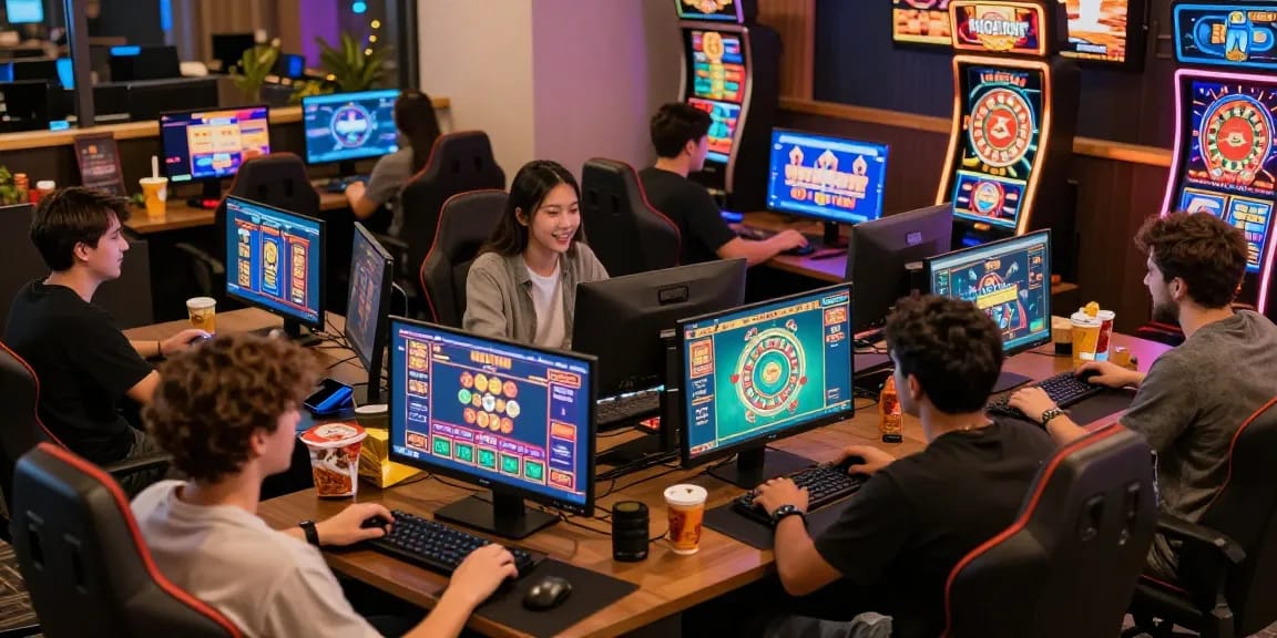 Players engaging at online credit card casinos with visible game screens at https://brcs.co.uk/ enjoying a vibrant gaming atmosphere.