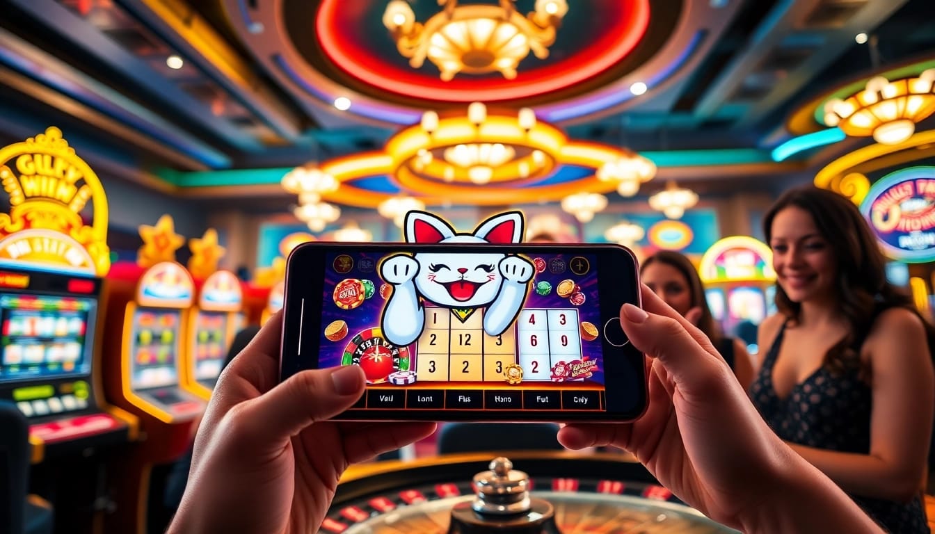 Engaging players enjoying Lucky Neko PG Soft มือถือ on a smartphone at a vibrant casino.