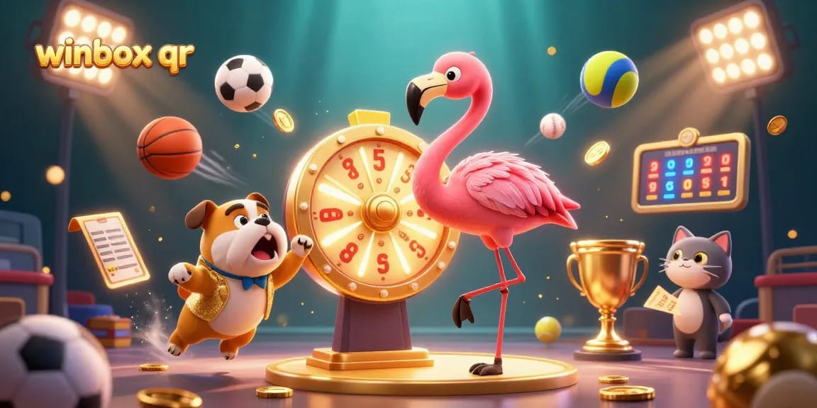Engage with the exciting winbox qr sports betting scene featuring a game show host, bulldog contestant, and scoreboard.