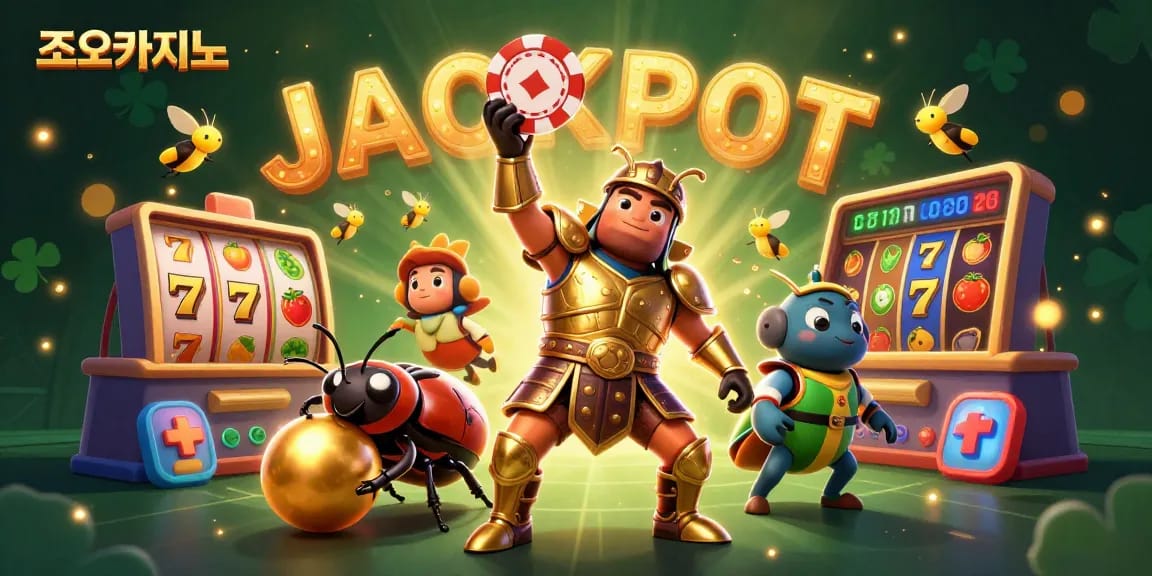 Win big at 조이카지노 with a lively 3D illustration showcasing vibrant casino elements and characters.