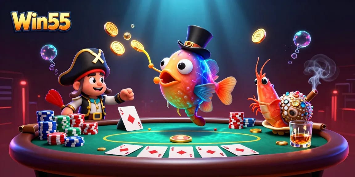 Win55 brings excitement as anglerfish and pirate shrimp play poker surrounded by vibrant casino elements.