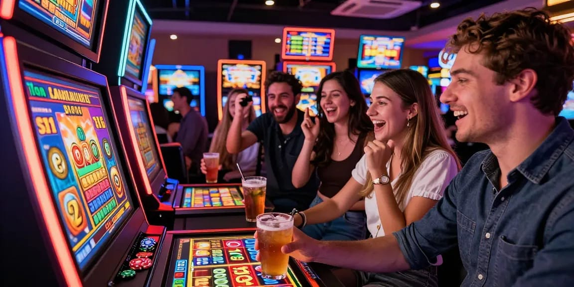 Friends excitedly playing bonus buy slots at a vibrant casino, engaging with animated features and colorful surroundings.