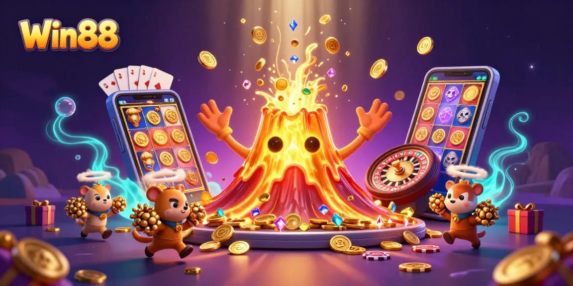 Win88 players enjoy fantastic treasures as the golden volcano erupts coins and gems.