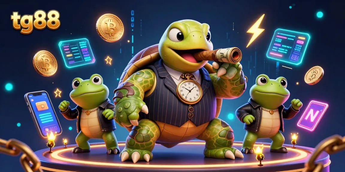 Engage in thrilling gaming adventures with tg88 featuring a turtle mobster and bullfrogs.