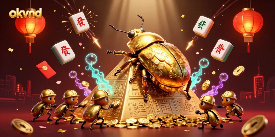 Bet on okvnd and watch a golden dung beetle roll coins, celebrating in a vibrant casino scene.