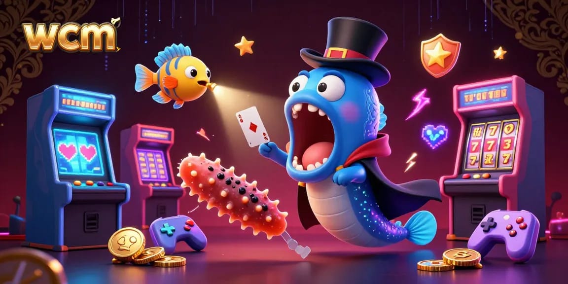 Engaging wcm-themed casino scene featuring a deep-sea gulper eel performing card tricks amidst colorful vintage game machines.
