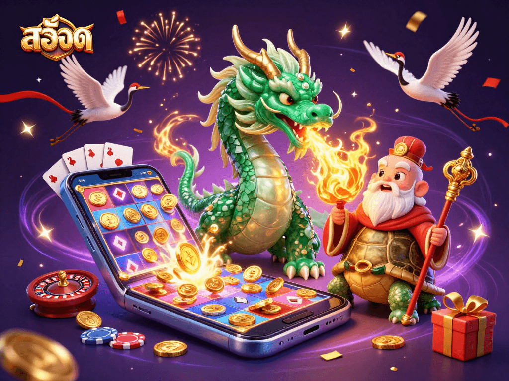 Engage with สล็อต slot games featuring a dragon, turtle sage, and lucky cranes in a vibrant casino setting.