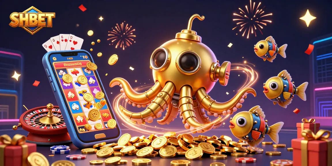 Experience the excitement at SHBET with a lavish 3D illustration of golden kraken and casino themes.