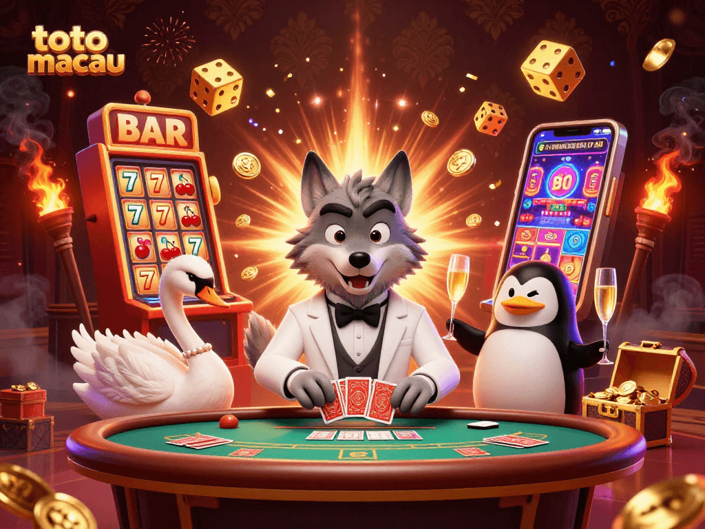 Toto Macau offers exciting predictions and results, showcased through a vibrant 3D casino scene.