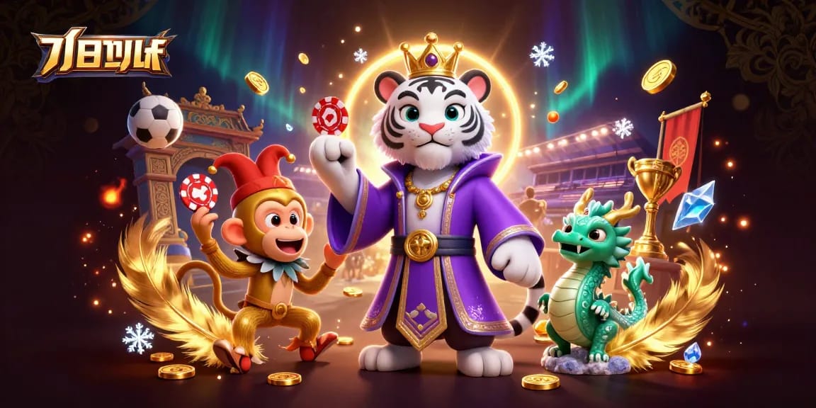 Engage in แทงบอล with a vibrant 3D scene featuring a royal tiger, playful monkey, and a jade dragon amid rich casino elements.