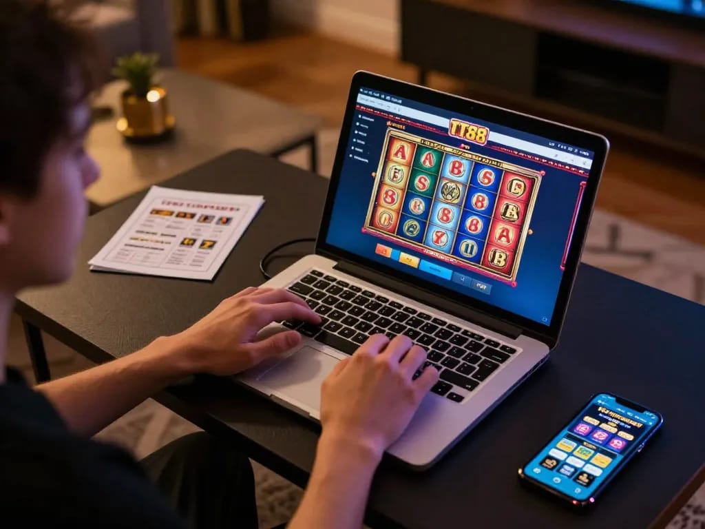 Engage with the TT88 online casino interface from a cozy gaming setup, focused on strategy.