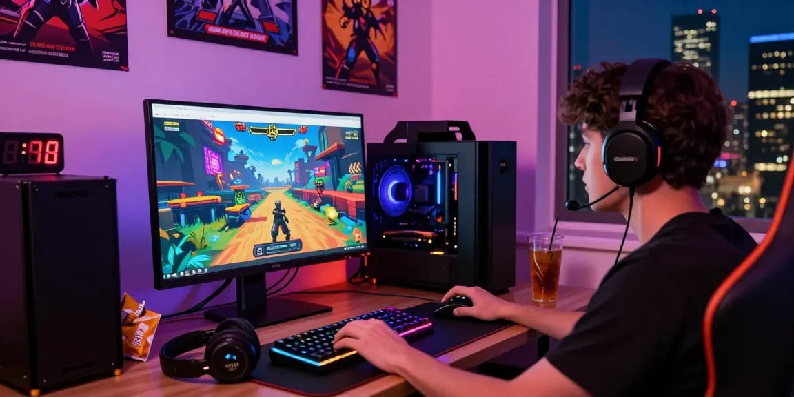 Engaged player using CIKA4D platform for online gaming at a modern desk setup with gaming gear.