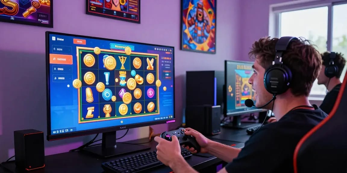 Player engaging with slots where you can bonus buy in an energetic gaming room with vibrant visuals.