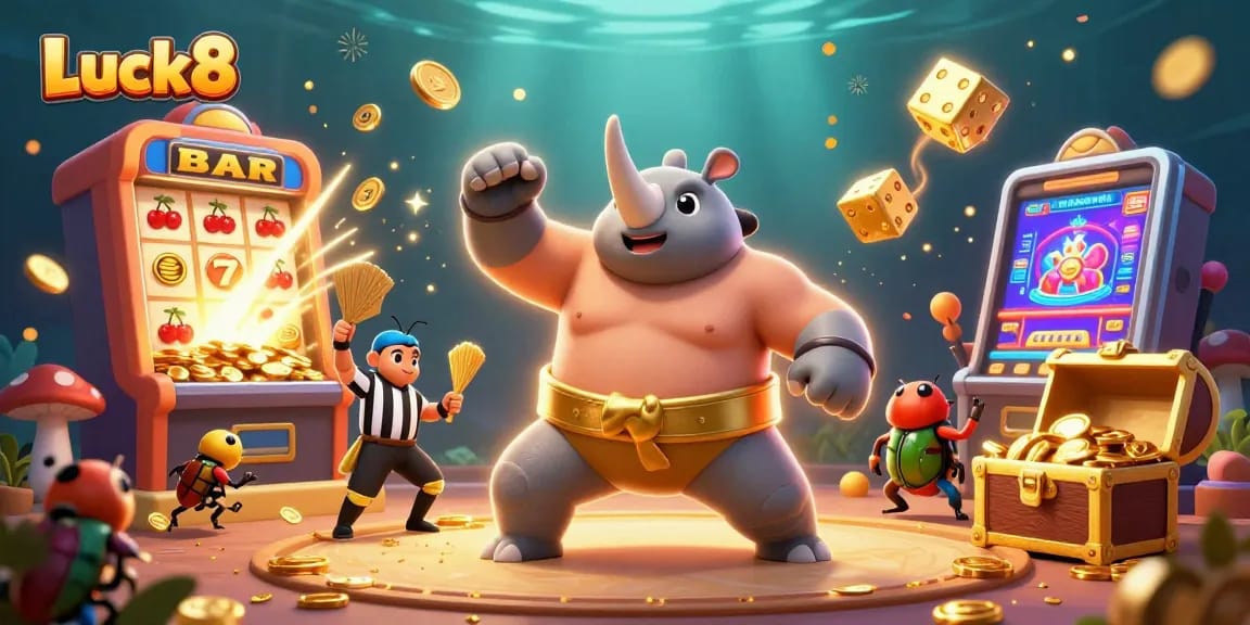 Experience the thrilling world of Luck8 with a dynamic 3D illustration featuring exciting casino games.
