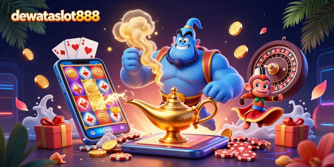 dewataslot888 menghadirkan jin berotot dan permainan slot yang menarik dalam ilustrasi 3D yang kaya detail.