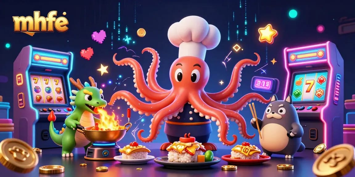 Experience thrilling gameplay with mhfe as a cartoon octopus chef, dragon, and tanuki enjoy casino action.