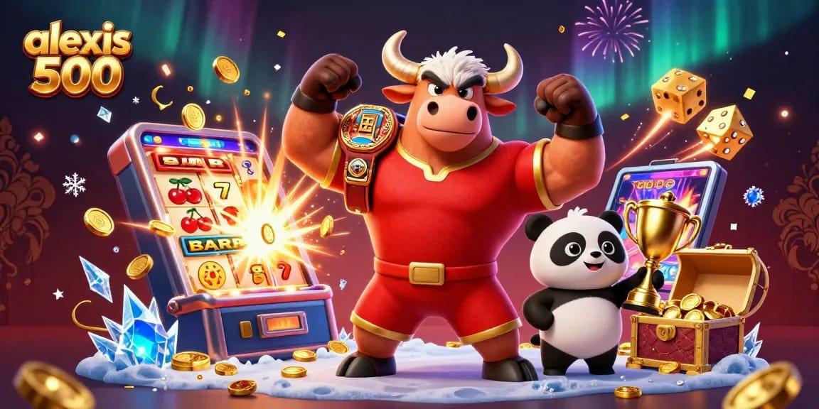 Experience the thrill of alexis 500 with a lively 3D casino scene bursting with jackpots.