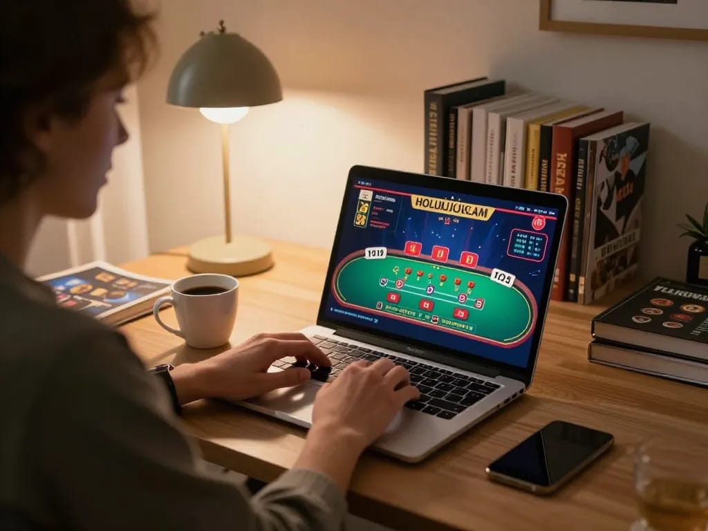 Engaging in responsible online gambling, showcasing Nhà cái uy tín for relaxing gameplay.