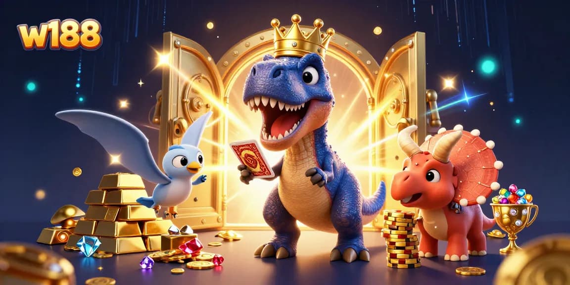 Join the fun at w188 with playful dinosaurs adding excitement to your casino experience!