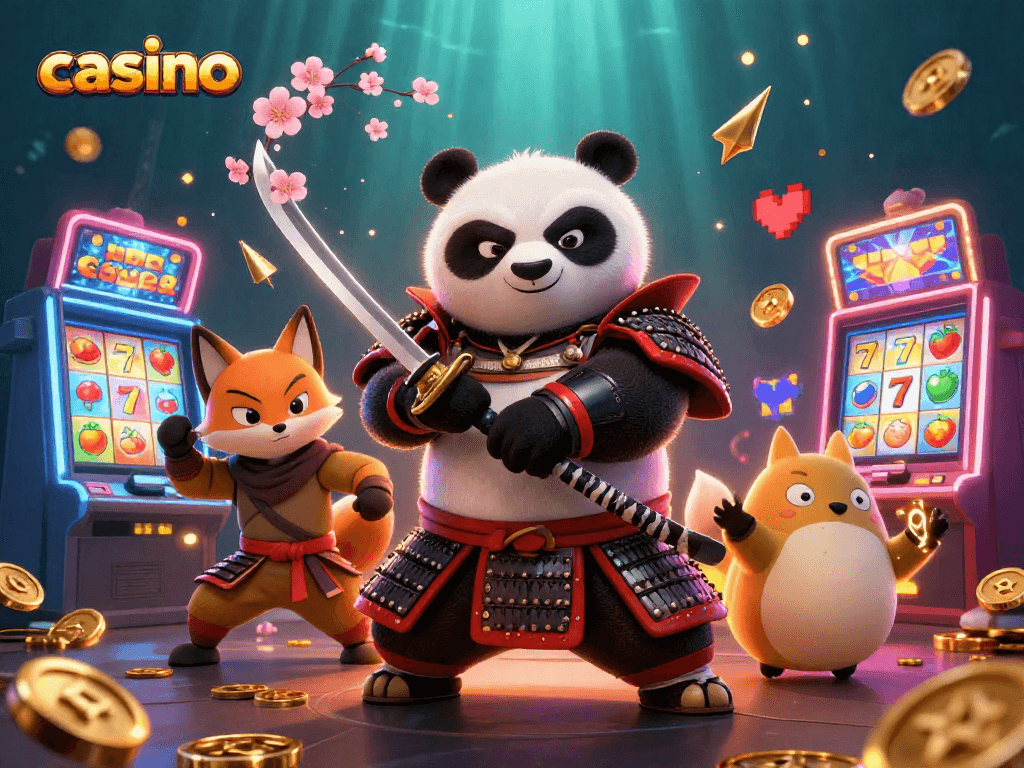Engage in thrilling casino action with a vibrant samurai panda and ninja fox amidst colorful slot machines.