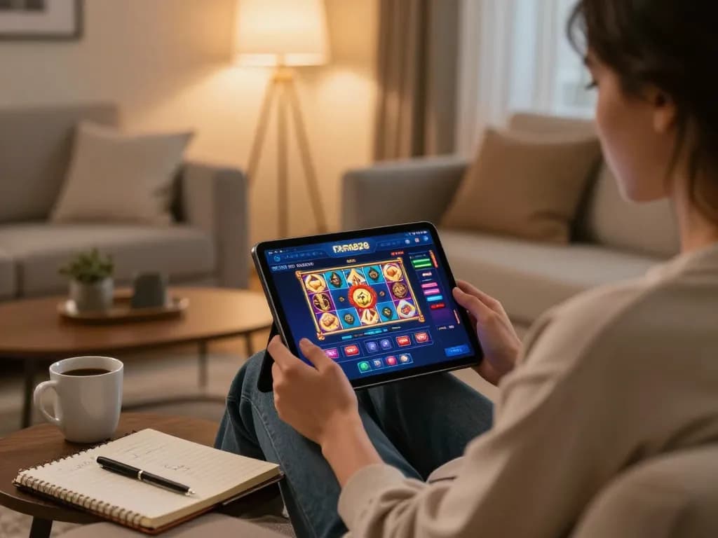 FAFA828 player engaged in online casino gaming on tablet while writing strategies in a cozy home