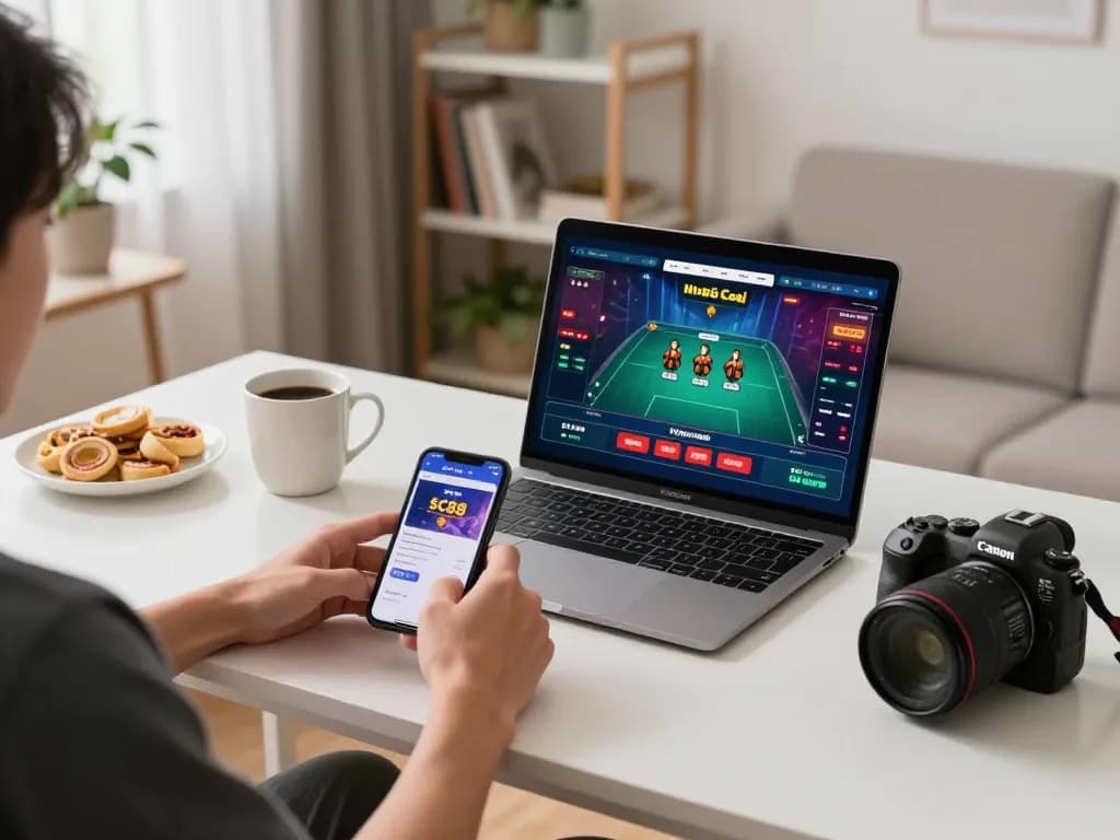 Player engaging with Nhà Cái SC88 app on smartphone in a modern home gaming setup