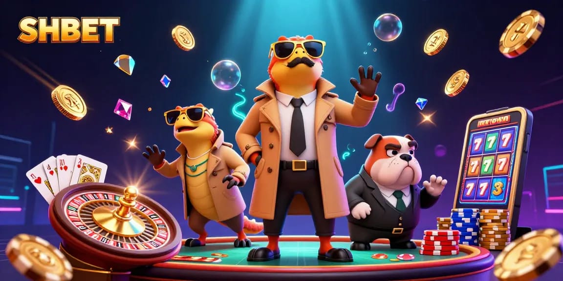 Engage in thrilling SHBET gaming with raptors and a bulldog bouncer amidst casino excitement.