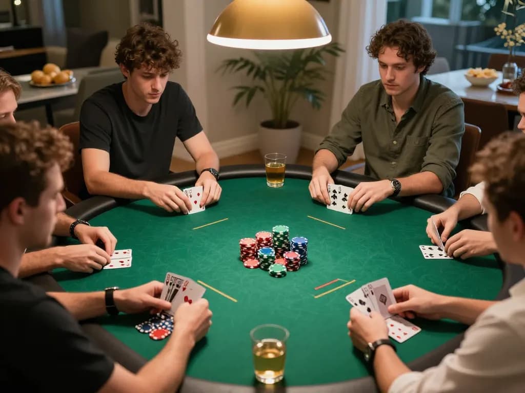 Friends engaging in thrilling poker gameplay during a home game night with nano banana 3 models in the spotlight.