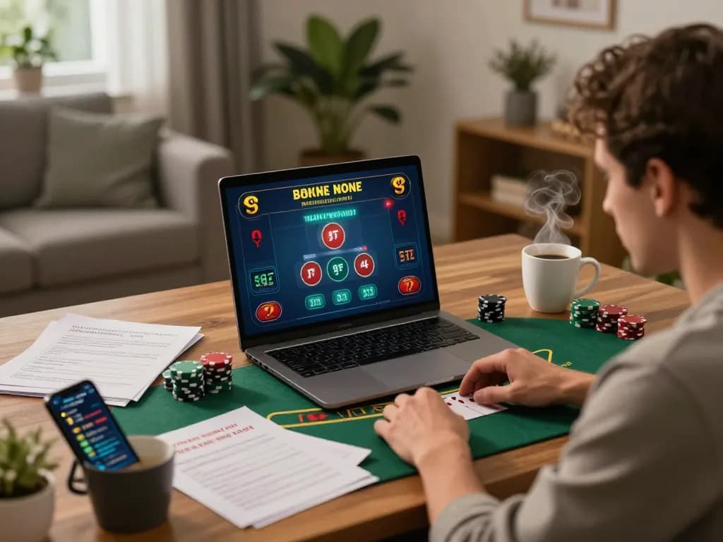 J188 player engaging in strategic blackjack gameplay at home with laptop setup and notes