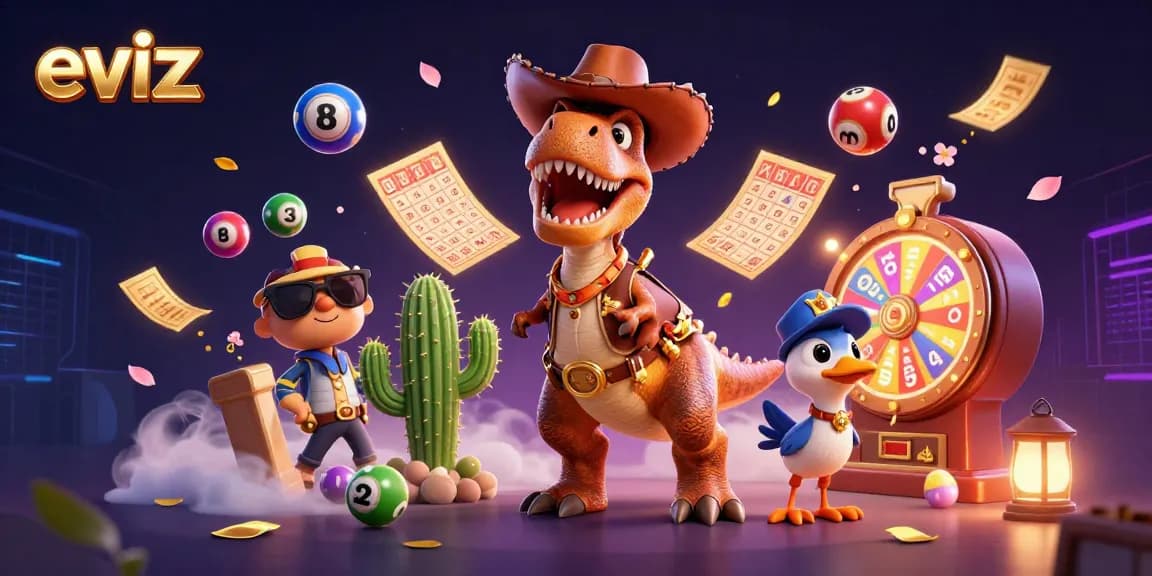 Eviz showcases dynamic lottery excitement with colorful elements and engaging characters in a vibrant casino scene.