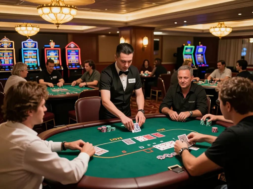 Engaged players at 3win casino table experiencing strategic poker gameplay with a professional dealer.