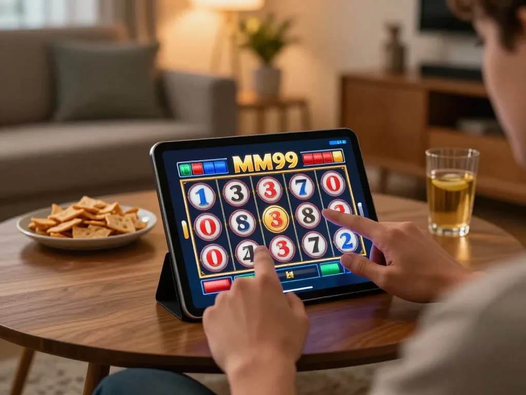 Engaging with MM99 Slot on a tablet in a cozy home setup, reflecting strategic gameplay.