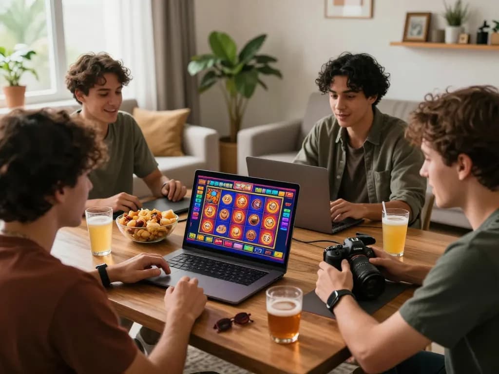 Excited players enjoying slot gacor games on a laptop, surrounded by snacks in a cozy living room.