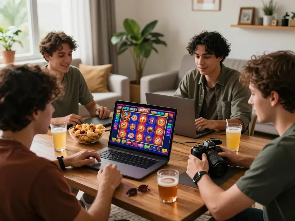 Excited players enjoying slot gacor games on a laptop, surrounded by snacks in a cozy living room.