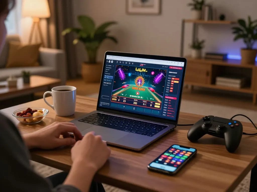 Person enjoying online gambling at home with Jun88's vibrant gaming interface on laptop