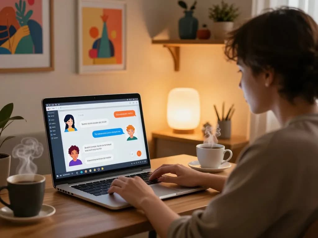 Engaging NSFW chat scene with a user interacting with vibrant AI characters in a cozy home office.