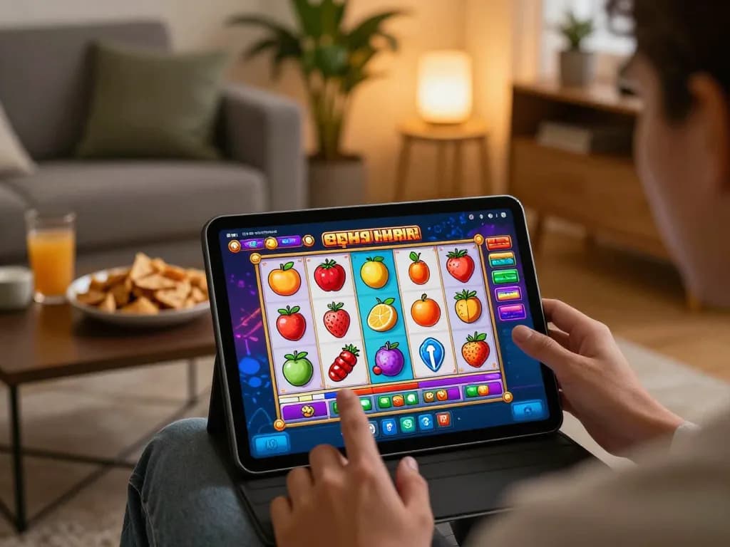 Playing exciting slots not on gamstop on tablet in a cozy modern living room